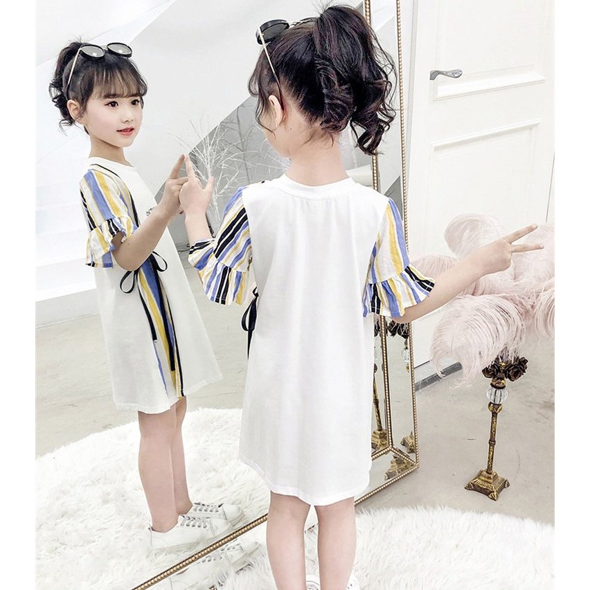 子供服 ワンピース 韓国子供服  女の子 カジュアル キッズ フレア袖 リボン 綿 ワンピース 春 夏
