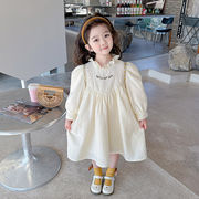 子供服 新作 長袖 刺繍 ワンピースお姫様ドレス   スカラップ 裾フリル  可愛い きれい デザイン感 写真色