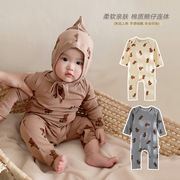 韓国子供服赤ちゃんのワンピース赤ちゃんの綿質長袖熊仔プリントが新生児の服を着ている春