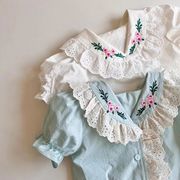 【2024夏服】韓国版子供服夏の刺繍花の開襟人形シャツ女の子のかわいい半袖純綿シャツ子供の上着