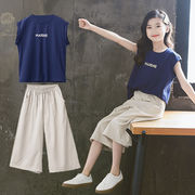 女の子 夏の子供服 ノースリーブ Tシャツ クロップドパンツ ワイドレッグパンツ 快適で通気性 2点セット
