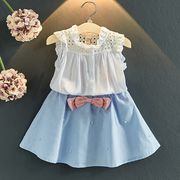 女の子 夏子供服 ノースリーブシャツ スカート パール装飾 2点セット