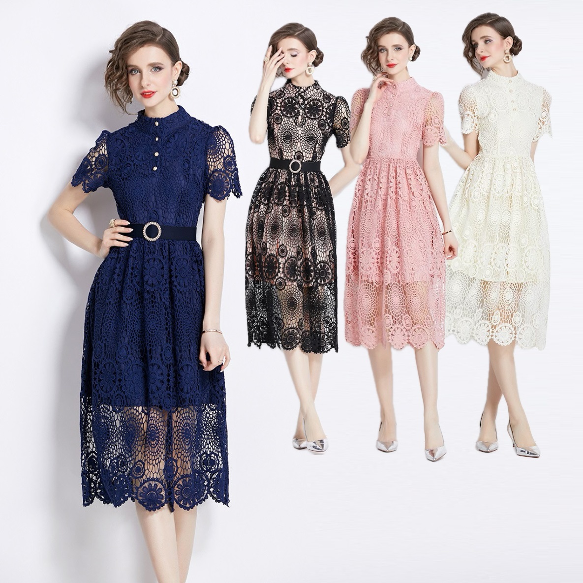 S～3L★新作　出かけ パーティー 大人優雅印象 ベルト付き　ケミカル総レースドレスワンピース