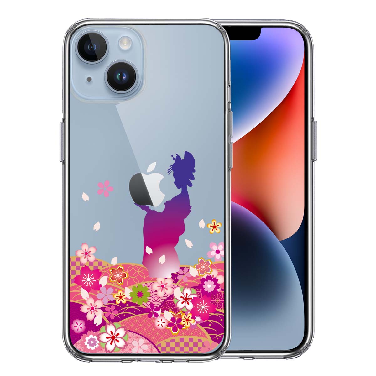 iPhone14 側面ソフト 背面ハード ハイブリッド クリア ケース 日本女性 着物少女 青紫