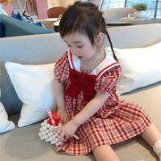 韓国子供服 ワンピース 夏 子供ドレス 半袖 チェック柄 リボン 切り替え 女の子 リゾート おしゃれ