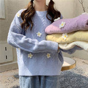 2024年秋冬女性用ツイストニットセーター、小花セーター