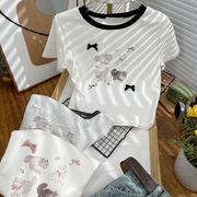 トップス　Tシャツ　デザイン　レディース　蝶結び　猫柄　リボン　韓国ファッション　バレエコア