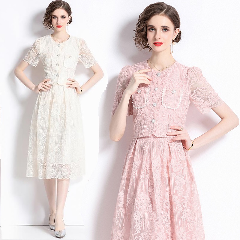 S～3L★夏新作　 出かけ パーティー　上品感　花柄ケミカル総レース トップス スカート2set