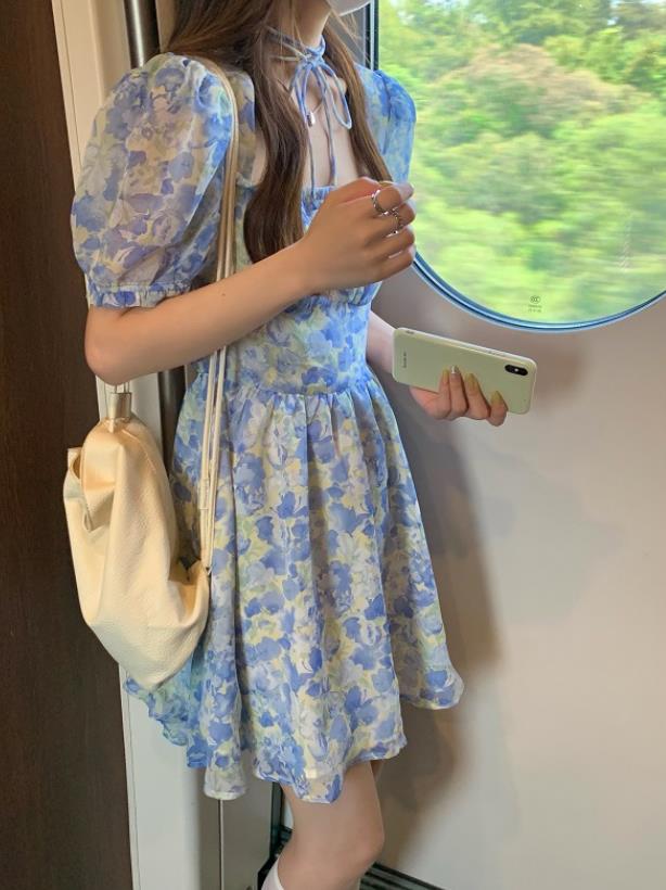 2022春夏新作 女 レディース ハイウエスト 半袖 花柄 ミニ ワンピース ドレス 台型スカート
