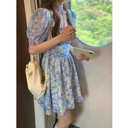 2022春夏新作 女 レディース ハイウエスト 半袖 花柄 ミニ ワンピース ドレス 台型スカート