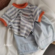 子供服子供用ベビー竹綿トップス男の子と女の子コントラストカラーTシャツの韓国版2024年夏の新しい半袖