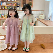 ガールズメッシュスカートツーピースセット、2024年夏新作韓国版スリングメッシュスーツドレス