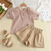 2023夏新作 韓国風子供服 女の子トップス  半袖シャツ +  ショートパンツ  セットアップ  4色 90-130cm