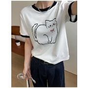漫画猫プリント半袖 2024 新しい白 Tシャツ韓国風ルーズトップ