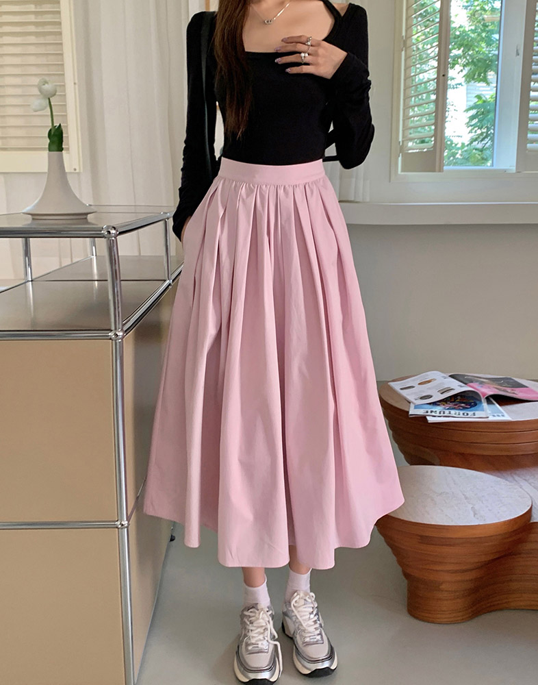 2024夏新スタイル甘いピンク大きな裾aラインプリーツロングスカートレディーススカート4902