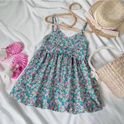 女の子のキャミソールワンピース2024夏新型韓国版リボン花柄ベビーの洋風プリンセススカート