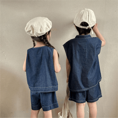 韓国風子供服 2024春夏 姉妹兄弟コーデ デニム 袖なしシャツ 上下セット トップス+ズボン 80-150cm
