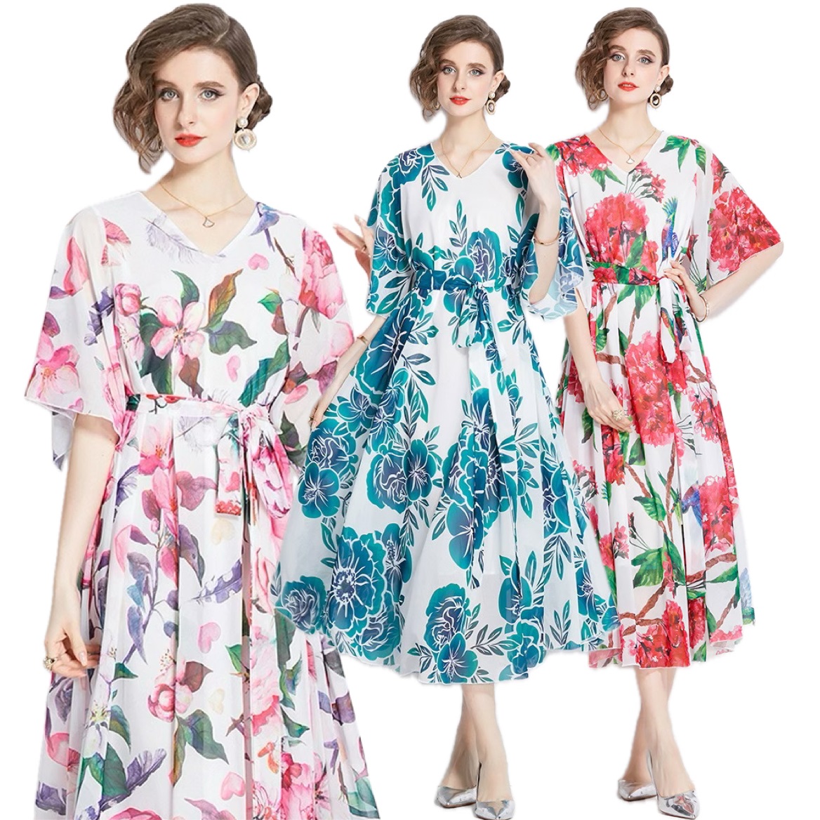 ゆったり★ファッション パーティー   デート　夏爽やか　Vネックシフォンワンピース