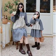 親子ペア　子供ワンピース　90~150cm＋M　チェック柄　韓国親子ペア