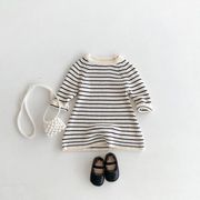 子供服　80~130cm　キッズニットワンピース　ボーダー柄セーター　韓国キッズ服