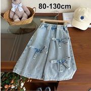 女の子用 デニムパンツ 春秋用 リボン付き ゆったり ワイドパンツ カジュアルパンツ