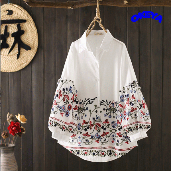 2024年秋新作　レディース服　トップス　シャツ　長袖　ゆったり　刺繍　ファション　パフスリーブ　綿混