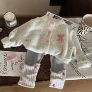 子供服　80~150cm　キッズセーター　ピンクボタンニットトップス　リボン　韓国キッズ服