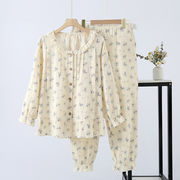 パジャマ マタニティールームウェア レディース 春夏秋 長袖パジャマ前開き ブルーの小花柄 薄手綿