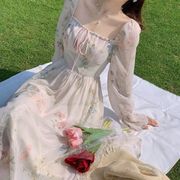 着痩せ シフォン ワンピース レディース ロングワンピース 長袖 キャンディースリーブ 花柄 フレアワンピ