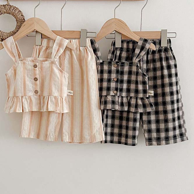 【大売出し★2023夏】チェック柄★2色★サスペンダー★トップス＋パンツ★上下セット 韓国風子供服