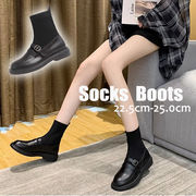 レディース 靴 ショートブーツ ソックスブーツ レザー調 厚底 黒 ブラック 太ヒール