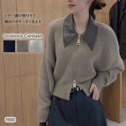 ジップアップカーディガン ニット ダブルジップ トップス ポロカラー レザー調襟