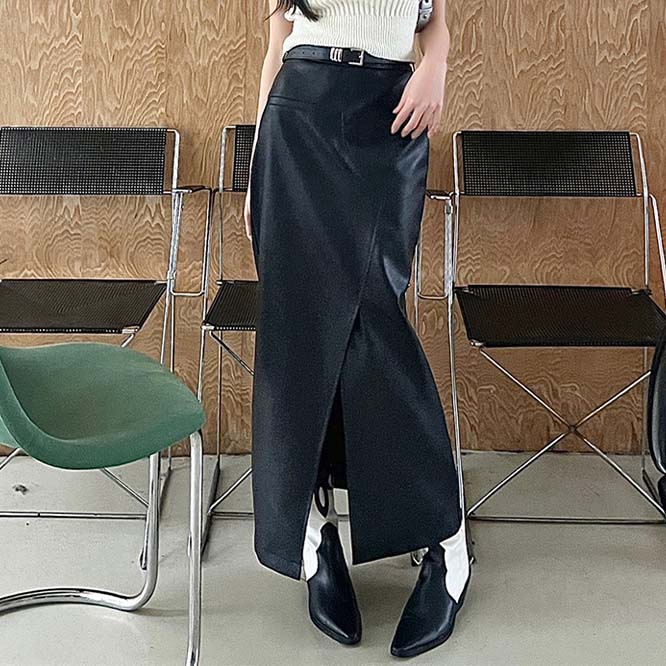 【2023秋新作】韓国風レディース服　夏秋　着痩せ　カジュアル　オシャレ　PU革　Aライン ロングスカート