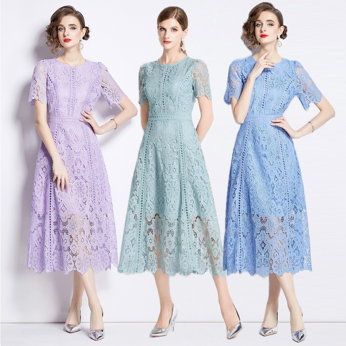 S～3L★ファッション パーティー  結婚式 優雅印象　上品感花柄総レース ドレスワンピース