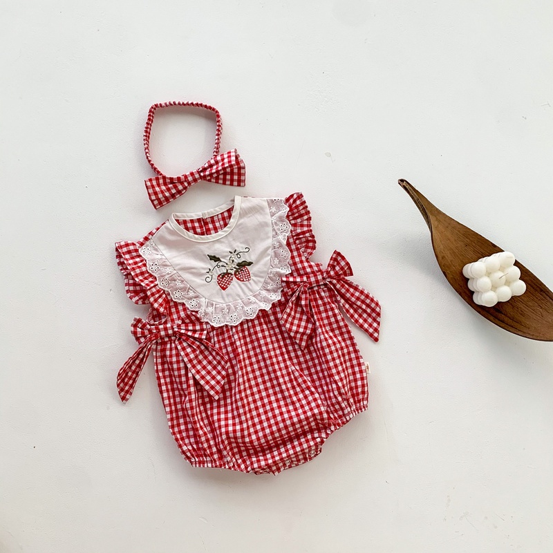 FLM☆夏季新作 赤チェック柄薄手刺繍レースコットン三角ロンパース ベビー用薄手 ヘアバンド付き