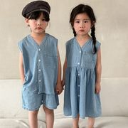 QQMM☆子ども用 デニムセット 男の子用 2025夏服 女の子 ベスト ワンピース 兄妹お揃い