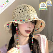 2025夏新作 チェーン付き 麦わら帽子 小顔効果 草編み 紫外線対策 折りたたみ可能