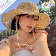 2025夏新作 チェーン付き 麦わら帽子 小顔効果 草編み 紫外線対策 折りたたみ可能