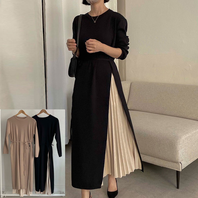 ニットワンピース ワンピース ニット レディース ラウンドネック クルーネック プリーツ