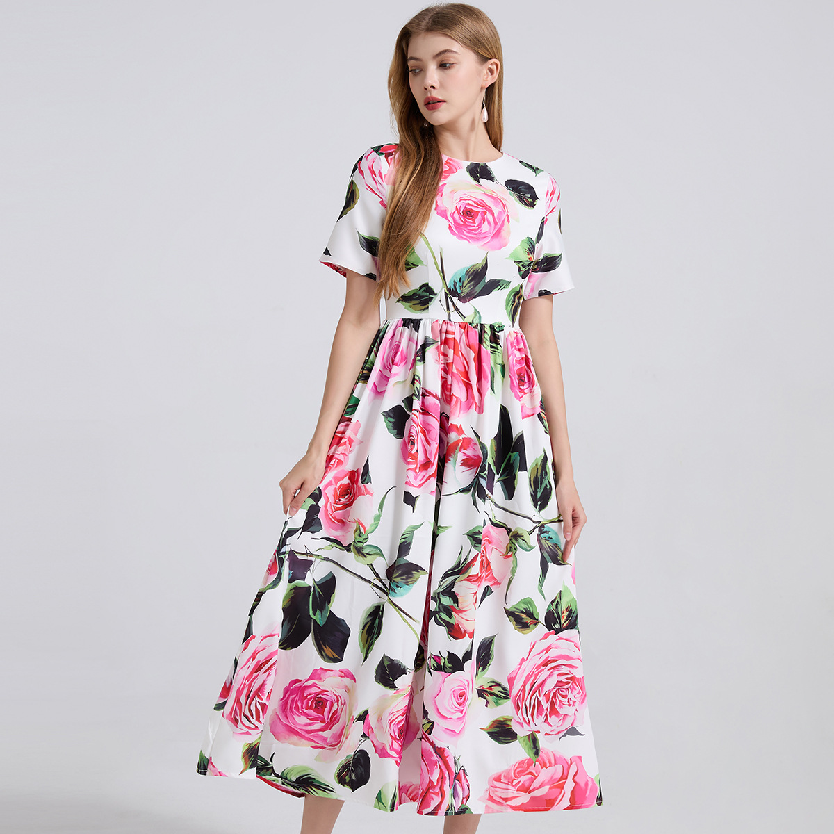 新作 S~3L★結婚式 パーティー 大人可愛い　ウエストギャザ入り　花柄プリントドレスワンピース