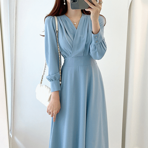 ワンピース レディース ロング丈ワンピース Vネック ハブスリープ 長袖 気質 きれいめ