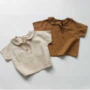 夏用 キッズTシャツ 半袖 無地カラー コットン麻素材 襟付き 男女兼用