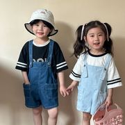 QQMM☆子供用 デニムオーバーオール 2025夏 薄手 男の子女の子兼用 カジュアルパンツ