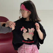 2025夏限定 猫柄リボンTシャツ 丸首 韓国風 女児トップス