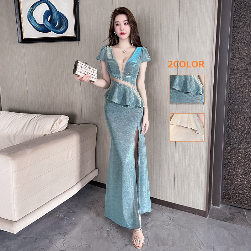 ★S～4L★パーティー キャバドレス キャバ嬢  胸谷セクシー ツヤ感 前スリット入りロングドレスワンピース