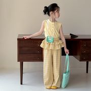 MOX☆女の子赤ちゃん トップス 韓国風 無地ノースリーブベスト＋チェック柄フリルパンツセット