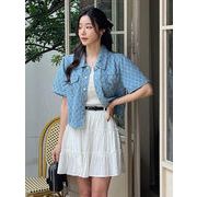 2025年INS 春夏新作　ゆったり　レトロ　ブルー　チェック柄　デニム　コート　ジャケット