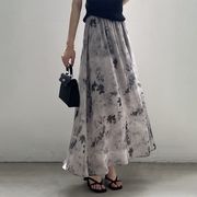 YUZ☆夏 レトロ水墨プリントスカート シンプル細見えウエストゴムロングスカート