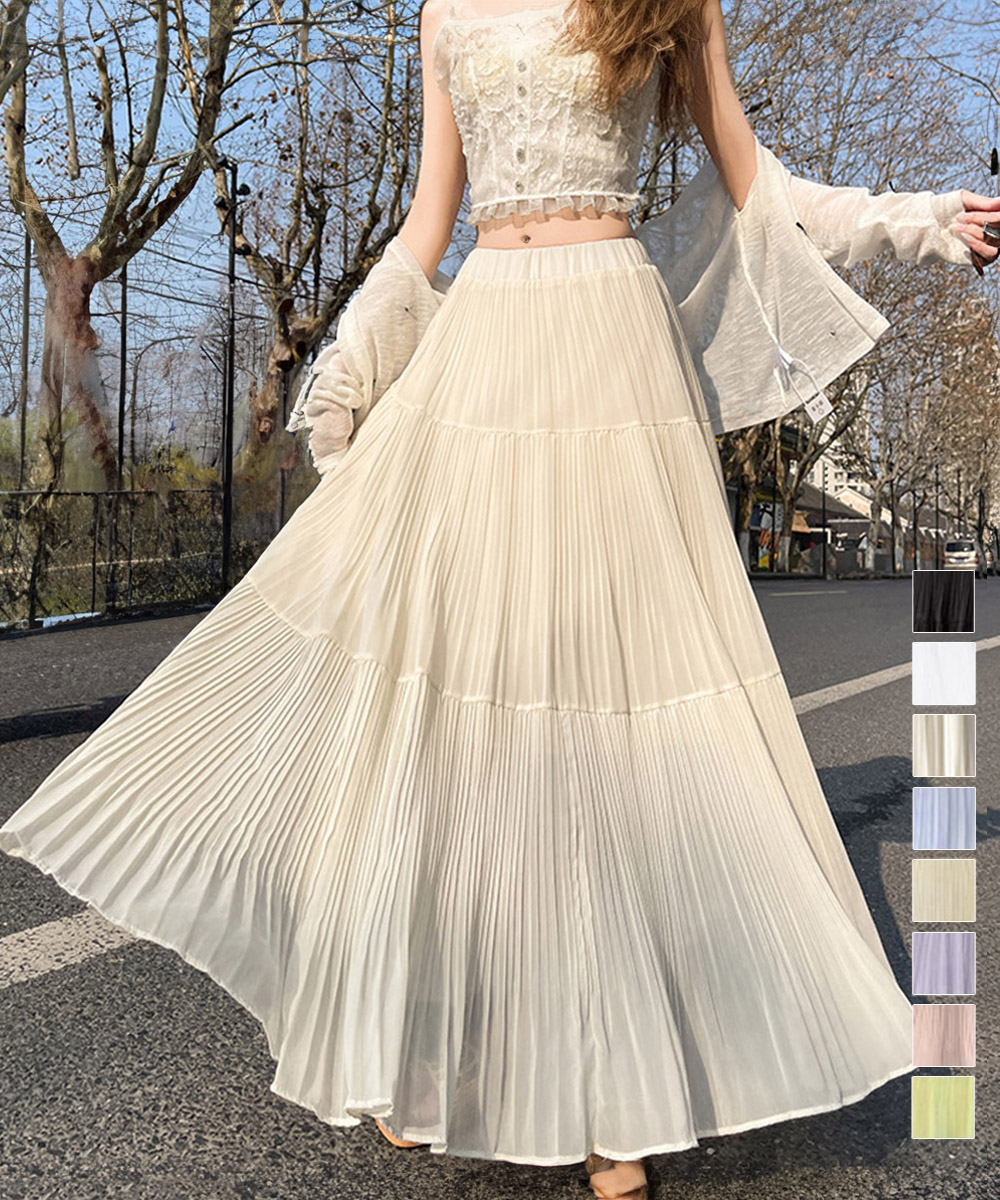 【日本倉庫即納】 シフォンスカート ロングプリーツスカート