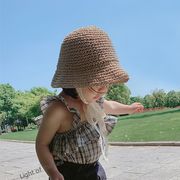 わら編みバケツ帽   ハット  赤ちゃん 子供帽子 子供 赤ちゃん ベビー キッズ キャップ UVカット  3色